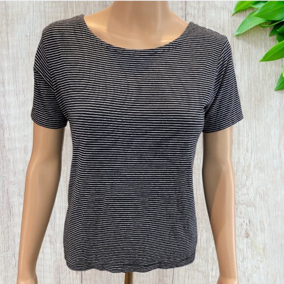 JONES & CO. -- T-Shirt Style Top, Short Sleeves, Black and White Narrow Stripes - Picture 2 of 12